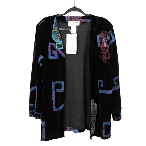 Studio G Jackets & Blazers - Studio G Velvet Open Front Cardigan Jacket L Abstract Vases Black Long Casual
